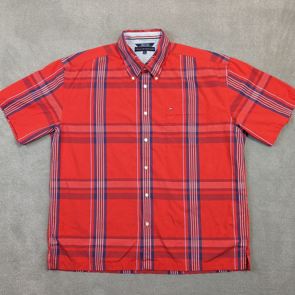 Tommy Hilfiger Shirt Mens XL Red Plaid Short Sleeve Button Down Cotton Preppy